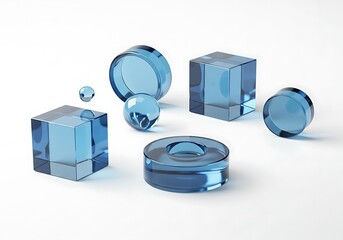 Geometric shapes made of blue glass isolated on white background