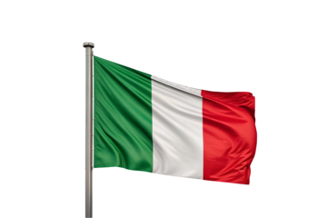 Italian flag waving on metal pole showing green white red tricolor in flowing fabric motion, isolated on a transparent background
