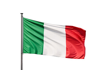 Obraz premium Italian national flag mounted on pole displaying vibrant green white red vertical stripes billowing wind, isolated on a transparent background