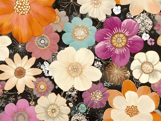 Vibrant Floral Embroidery Pattern, Dark Background Botanical Design