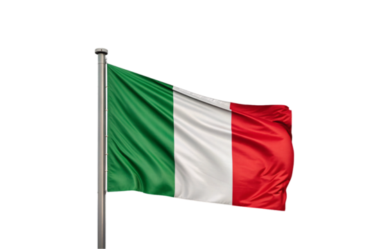 Italian flag waving on metal pole showing green white red tricolor in flowing fabric motion, isolated on a transparent background