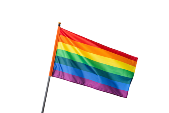 Rainbow pride flag waving on flagpole with gold finial, vibrant horizontal stripes symbolizing LGBTQ community, isolated on a transparent background