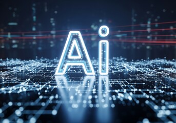 Abstract representation of artificial intelligence ai with glowing neon letters on a digital circuit board background