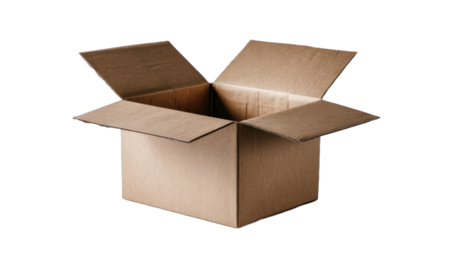Open Cardboard Box with Flaps Extended on Transparent Background for Packaging or Moving