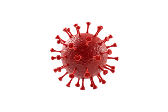 Red spherical virus model with protruding spike proteins displaying detailed viral morphology and surface texture, isolated on a transparent background