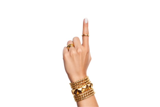 Hand wearing gold jewelry making number one gesture with index finger extended upward, isolated on a transparent background - Powered by Adobe