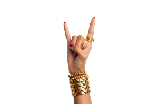 Hand forming rock horn gesture with extended fingers adorned with gold pyramid studded bracelet, isolated on a transparent background
