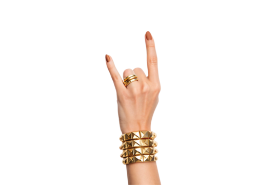 Female hand showing peace victory sign with two extended fingers and gold pyramid bracelet, isolated on a transparent background