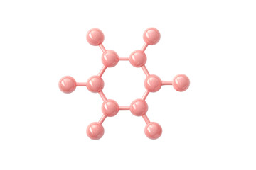 Pink ball-and-stick molecular model showing benzene ring structure with alternating single and double bonds, twelve total atoms, isolated on a transparent background