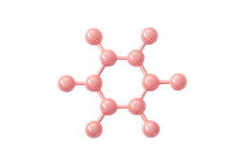 Pink ball-and-stick molecular model showing benzene ring structure with alternating single and double bonds, twelve total atoms, isolated on a transparent background