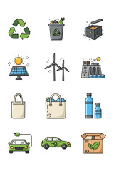 A vibrant collection of eco-friendly icons representing sustainable living, renewable energy sources, and environmental conservation concepts