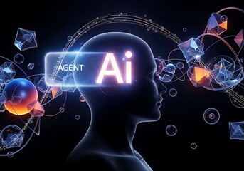 Artificial intelligence agent concept with glowing ai text inside a silhouette head surrounded by abstract geometric shapes and light trails