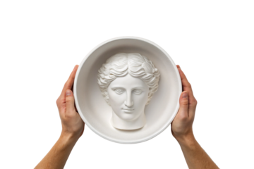 Male hands presenting round dish with neoclassical female face sculpture, Venus or Aphrodite-inspired relief artwork design, isolated on a transparent background