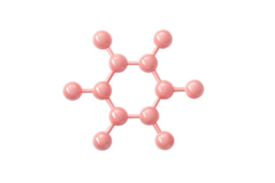 Pink ball-and-stick molecular model showing benzene ring structure with alternating single and double bonds, twelve total atoms, isolated on a transparent background