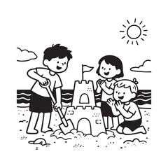 A black and white illustration of a group of three children building a large sandcastle on the beach.