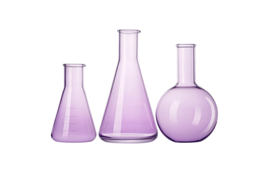 Three purple lavender empty glass laboratory flasks beakers different shapes scientific equipment chemistry, isolated on a transparent background
