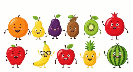 Cartoon funny fruits characters and fruits face isolated on white background vector illustration. Funny fruit face and cartoon fruit characters icon vector set. Cartoon characters. Cartoon face food.