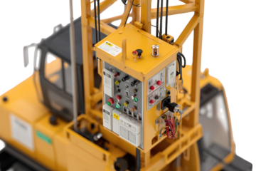 Detailed View of a Construction Crane Control Panel Featuring Yellow Metal Construction and Electrical Components against a Transparent Background