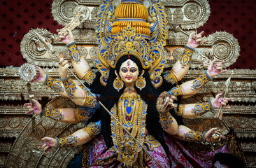 Idol of Goddess Durga at a pandal during Durga puja festival