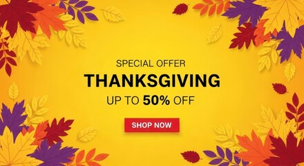 Thanksgiving special offer banner with colorful autumn leaves and promotion discount ideal for