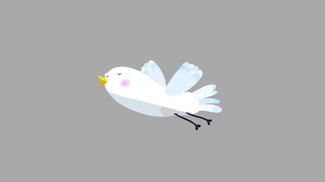 Bird black cartoon animation character flying, gliding singing isolated. Blinking eyes seamless animal character loop behaviour.