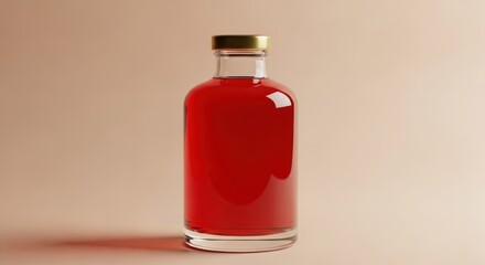 Clear glass bottle with vibrant red liquid and gold cap on a soft beige background