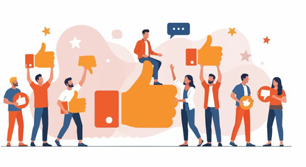 Customer review. Different people giving online review rating and positive or negative feedback Customer character holding thumbs-up and thumbs-down sign set. Survey and support vector illustration