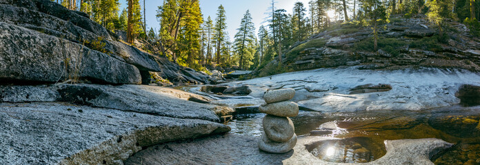 Panoramic View of a Stone Cairn on a Granite Riverbed in Desolation Wilderness, California