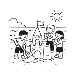 A black and white illustration of a group of three children building a large sandcastle on the beach.