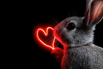 A gray rabbit with a neon red heart outline, facing left, on a black backdrop
