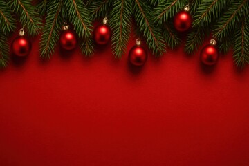 Christmas background with festive red baubles and green fir branches on a vibrant red surface.