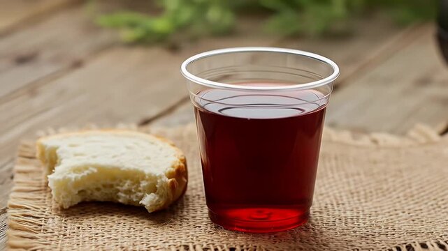 Slice of bread with a bite taken out, alongside a clear plastic cup filled with a red liquid, arranged on a rustic, rough textured burlap cloth over a wooden surface.