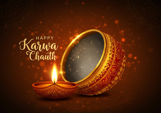 Glowing diya and traditional sieve are placed on a dark background for Karwa Chauth ritual.