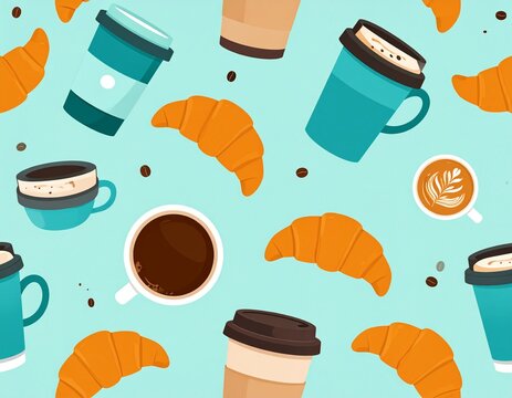 Flat design seamless pattern of coffee cups and croissants