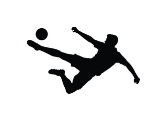 Black silhouette of a male soccer player in mid-air kicking a football vector