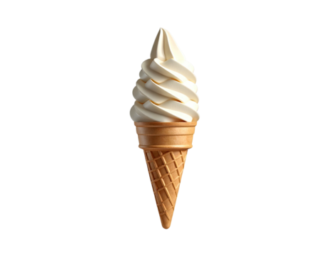 A soft-serve ice cream cone with a tightly swirled, off-white confection