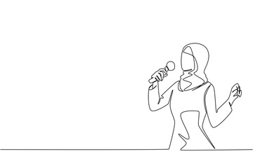 Continuous one line drawing a young and famous Arabian woman singing. Final practice to create a stunning stage act. Talented singer. National Sing Out Day. Single line draw design vector illustration