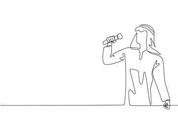 Single one line drawing a young Arabian man is singing. Hobby singing. Come to karaoke studio. Relieve the mind. Talented. Pleasant. National Sing Out Day. Continuous line design graphic illustration