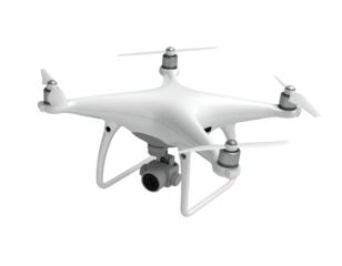 A white quadcopter drone, front-facing, with rotors, camera, and open arms