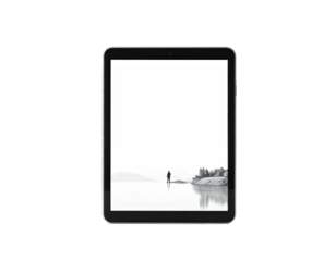 Electronic tablet displaying a grayscale lakeside scene, isolated on black