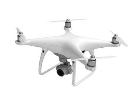 A white quadcopter drone, front-facing, with rotors, camera, and open arms
