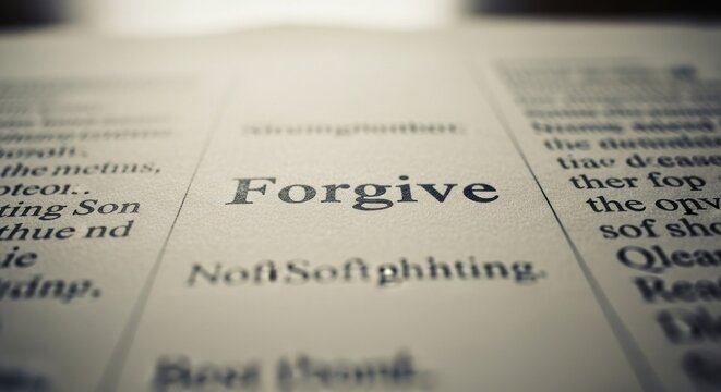 Close-up of a dictionary page, spotlighting the word 'Forgive' amidst blurred text