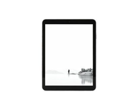 Electronic tablet displaying a grayscale lakeside scene, isolated on black - Powered by Adobe