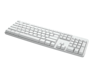All-white, rectangular keyboard with keycaps arranged in a standard layout