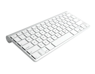 Slim, white, wireless keyboard angled on black backdrop, keys clearly visible