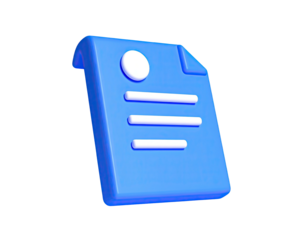 3D rendering of a blue document with a circular header and lines of text