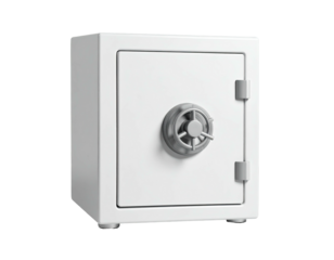 3D rendering of a simple, metallic white safe with round dial and handle