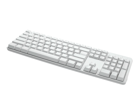 All-white, rectangular keyboard with keycaps arranged in a standard layout