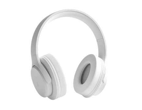 Over-ear wireless audio device rendered in crisp white against a black background