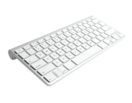 Slim, white, wireless keyboard angled on black backdrop, keys clearly visible
